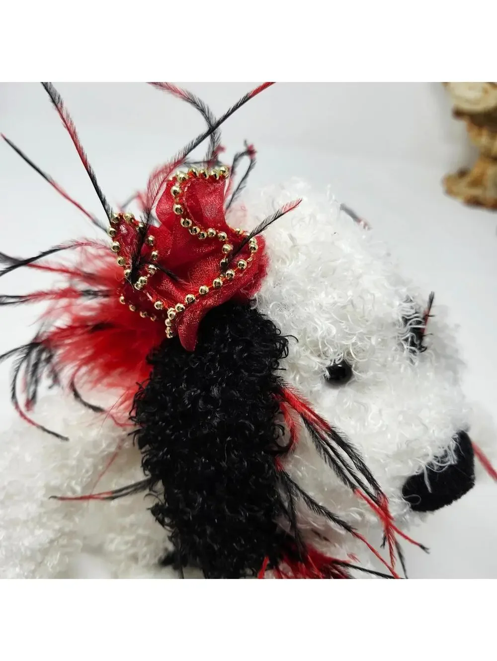 Dressed Up Plush Dog Stuffed Animal Black White Red Feather Accent Decor 16